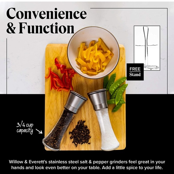 Willow & Everett Salt and Pepper Grinder Set - Stainless Steel Refillable - Picture 5 of 6
